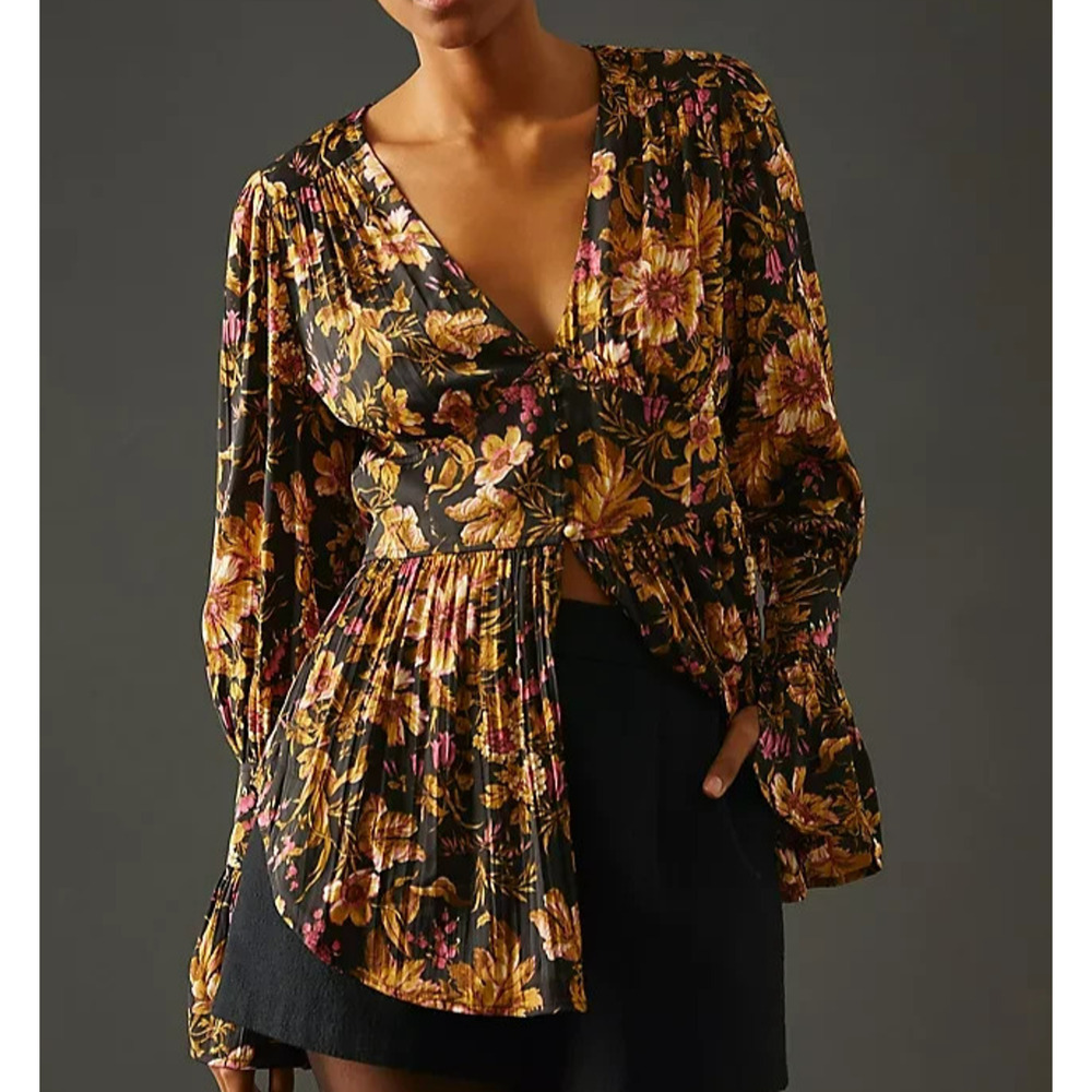 Anthropologie Deep V Floral Tunic Blouse Top Size Small Long Sleeves Romantic